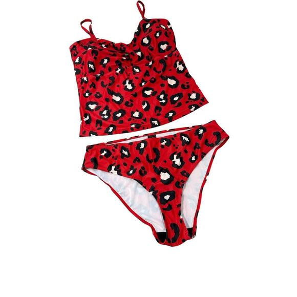 Long Tall Sally Twist Front Tankini Swimsuit Red Leopard Womens 12 - Picture 3 of 10